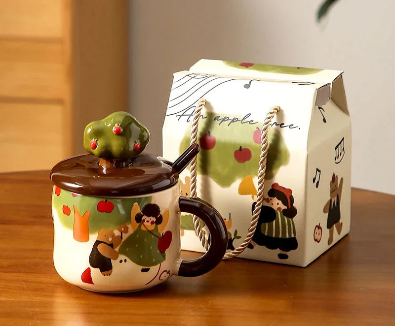 Retro Apfelbaum Tasse – Keramik mit Deckel – Zuhause