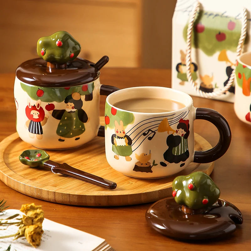 Retro Apfelbaum Tasse – Keramik mit Deckel – Zuhause