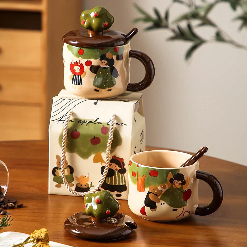 Retro Apfelbaum Tasse – Keramik mit Deckel – Zuhause