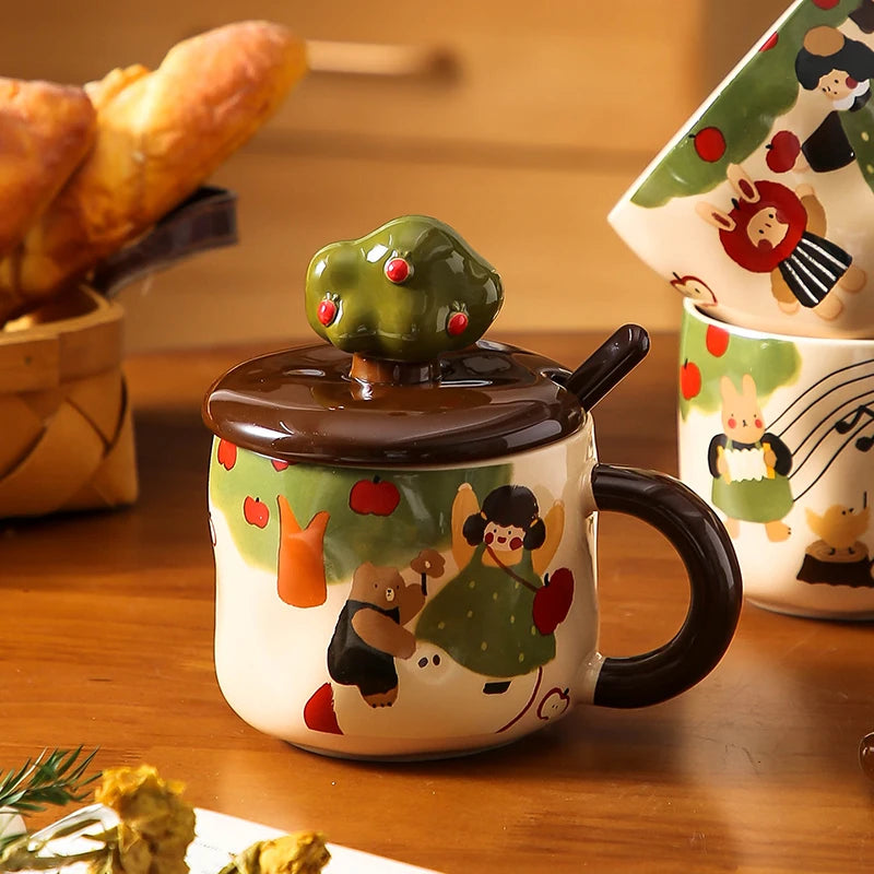 Retro Apfelbaum Tasse – Keramik mit Deckel – Zuhause