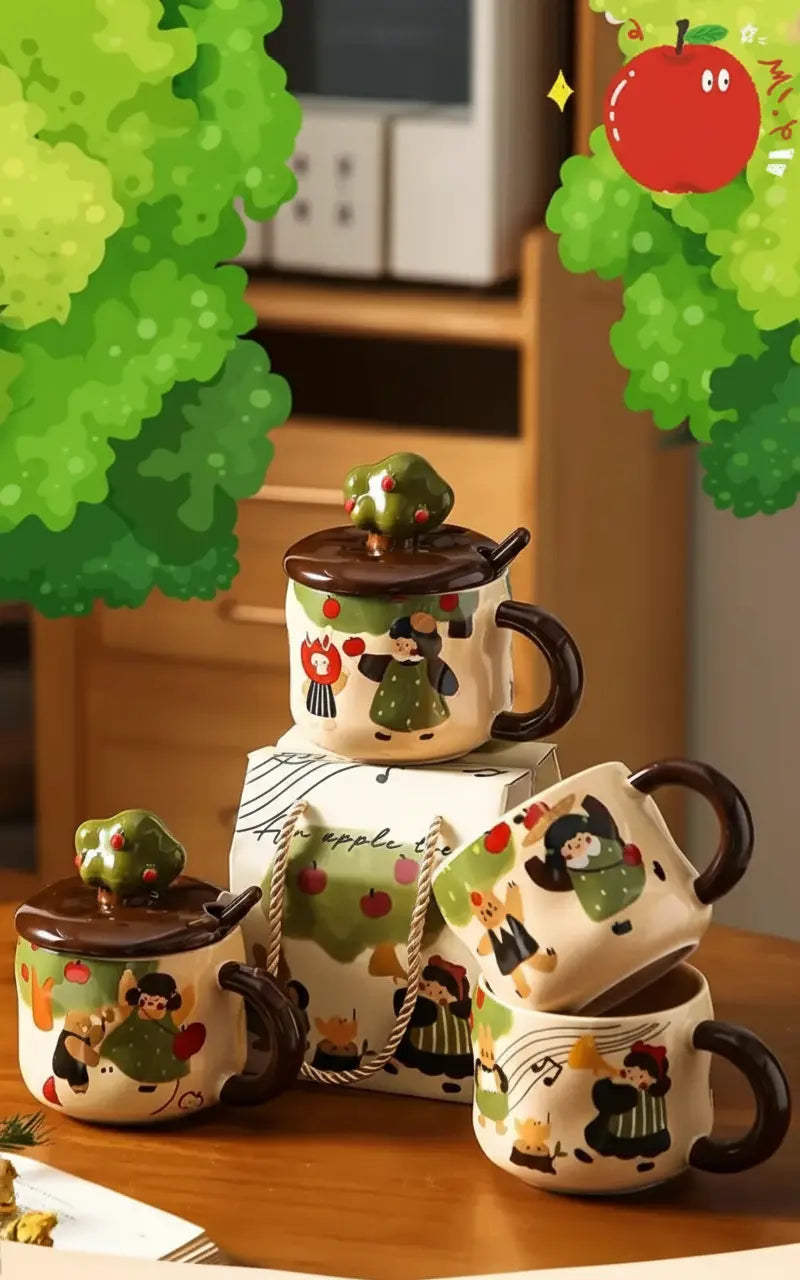 Retro Apfelbaum Tasse – Keramik mit Deckel – Zuhause