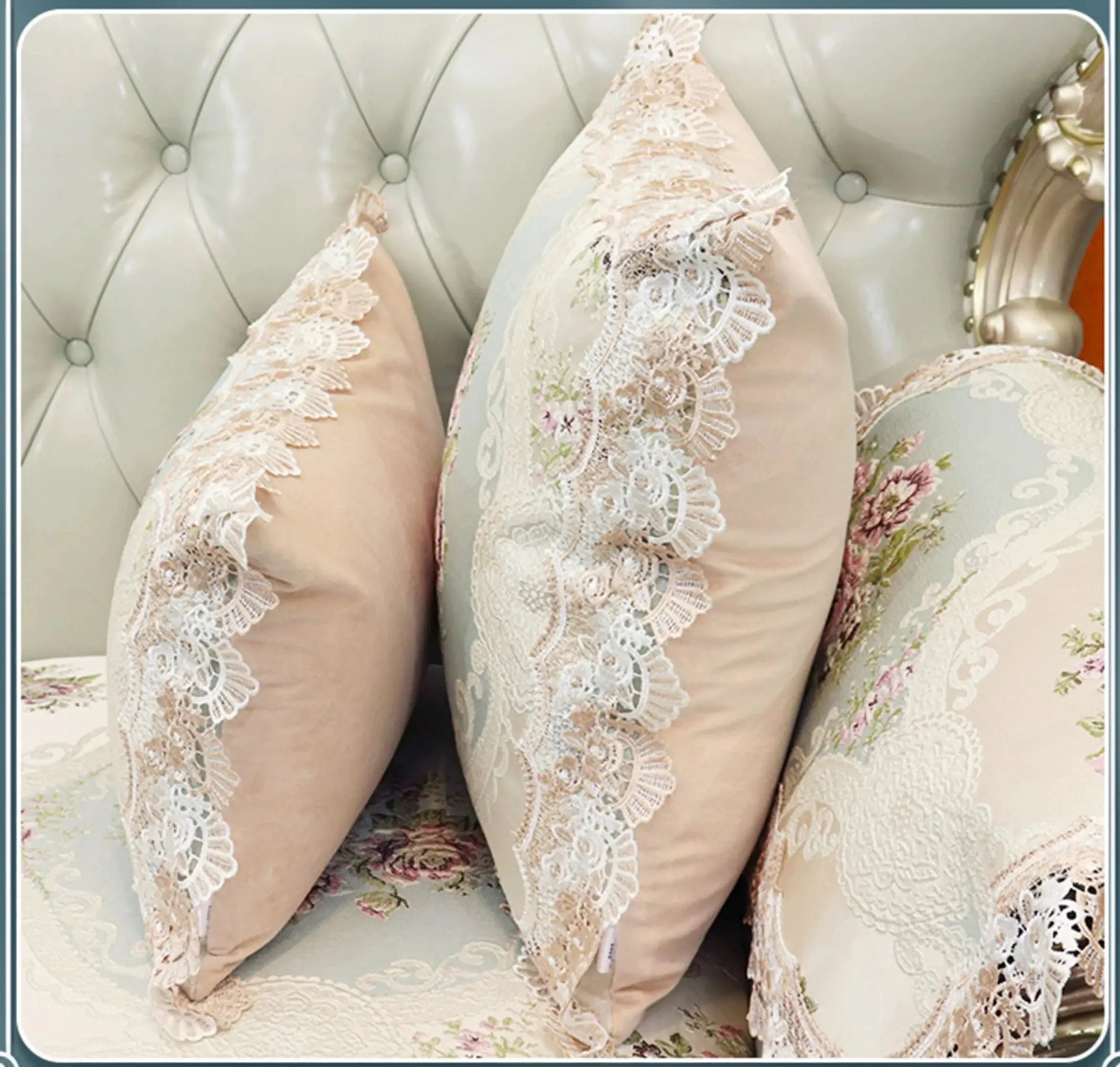 romantischer Spitzenkissenbezug aus Polyester in Beige florales Muster 50x50cm