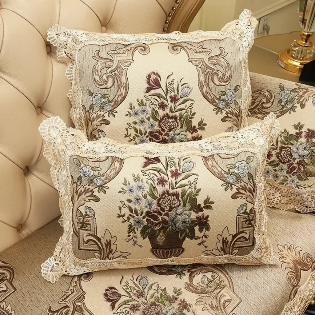 Florales Spitzenkissen aus Polyester in Beige 50x50 cm, koreanisch inspiriert