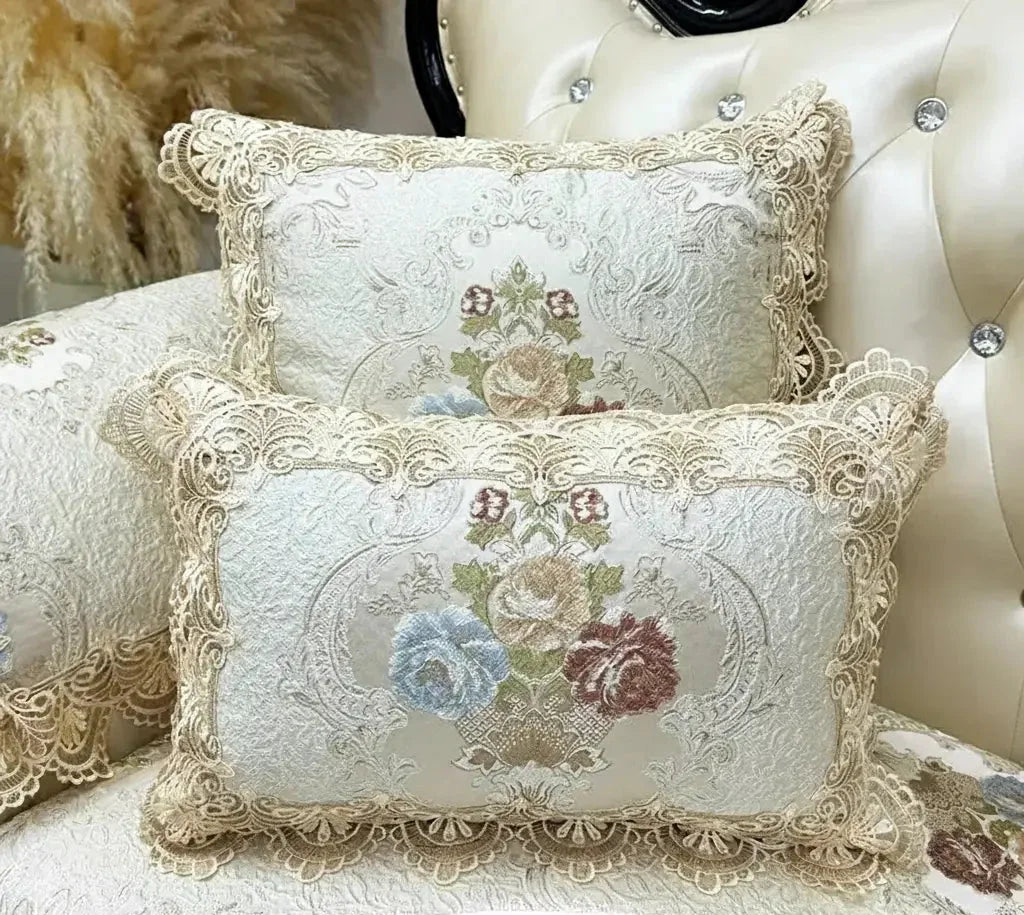 Romantische Spitzenkissenhülle aus Polyester, floral, beige und blau, Grösse 50x50 cm, koreanischer Stil