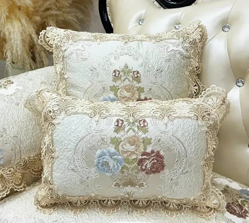 Romantische Spitzenkissenhülle aus Polyester, floral, beige und blau, Grösse 50x50 cm, koreanischer Stil