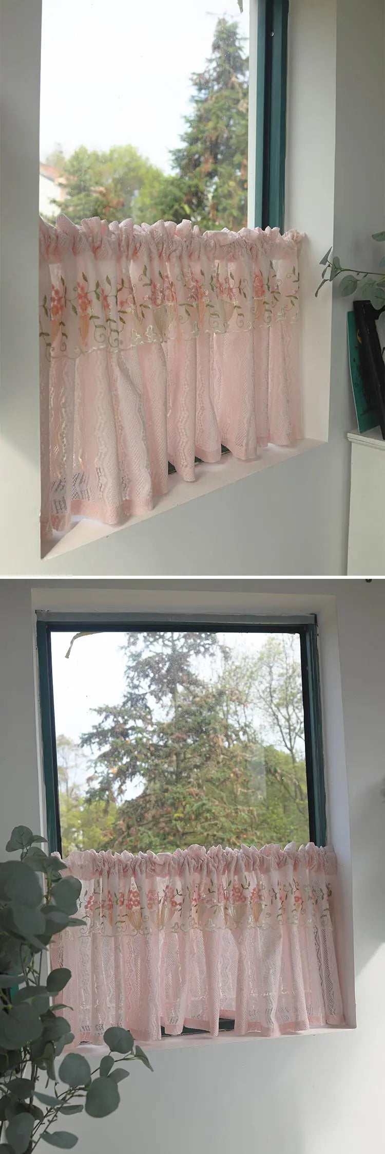 Rosa Spitzenvorhang – Landhausstil für Küchenfenster