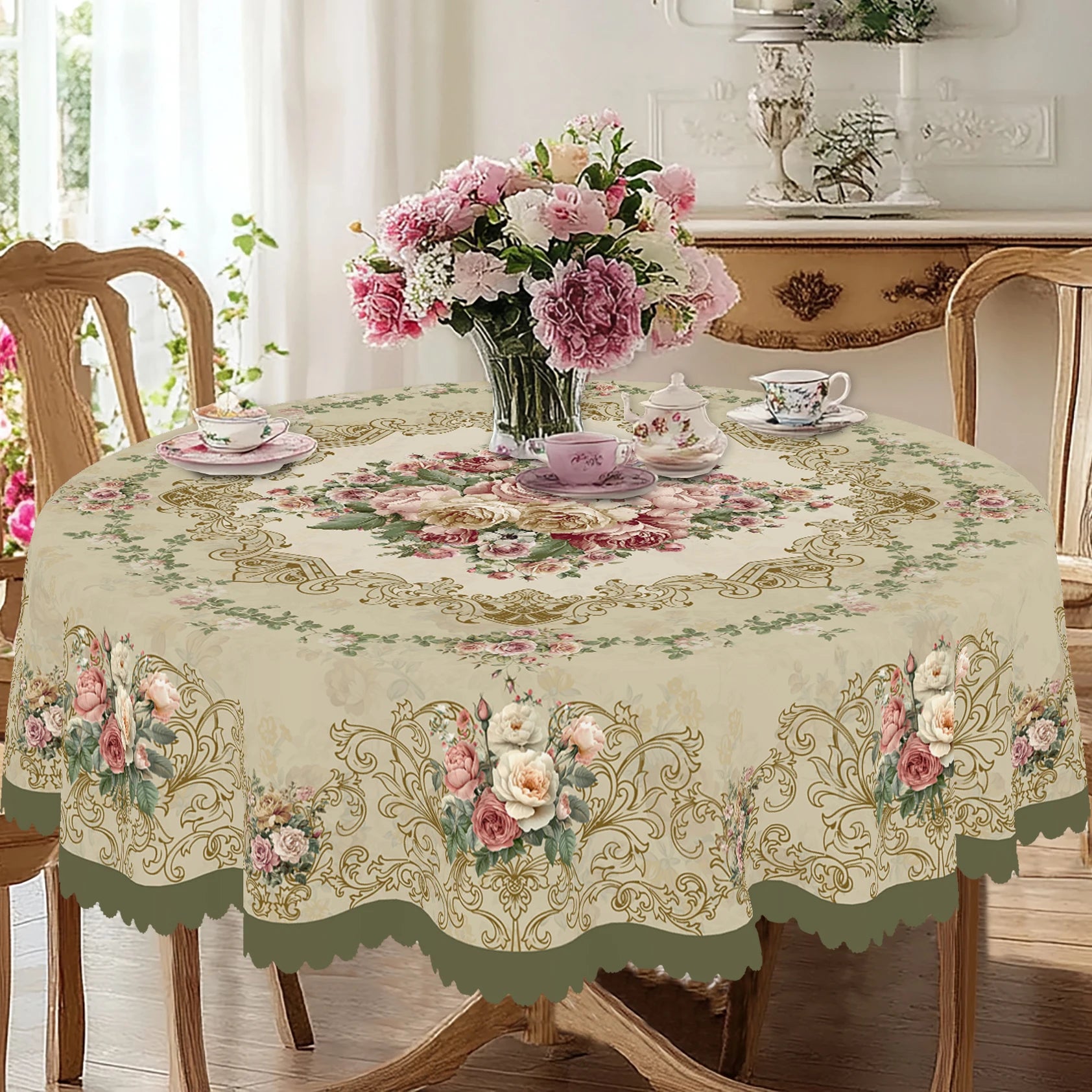 Retro-Pink-Rosenmuster Tischdecke aus Polyester, wasserfest, Grösse 152x260 cm