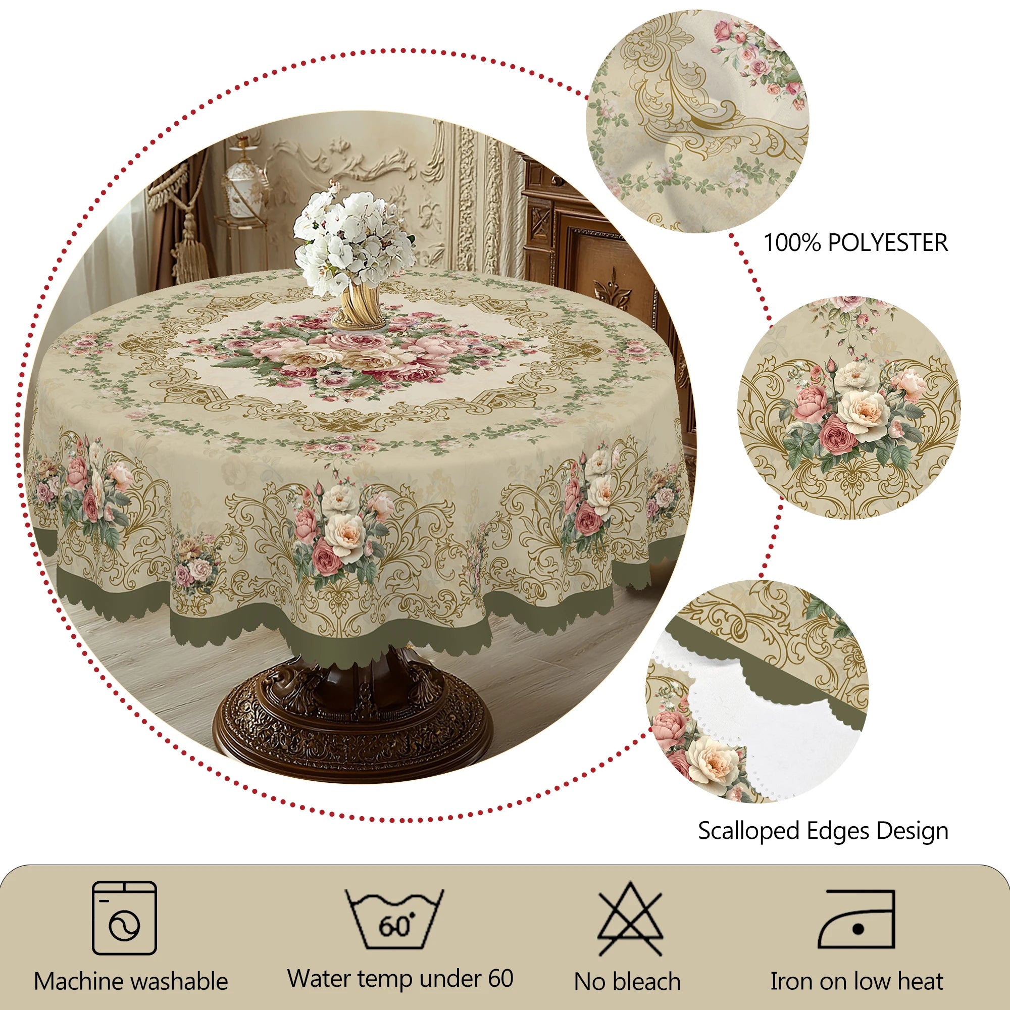 Retro Pink Floral Tischdecke aus Polyester, rund 152 cm