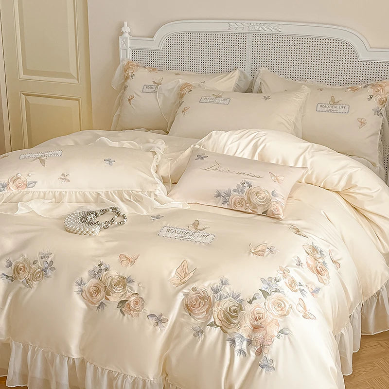 Rosenschmuck Bettwäsche – Stickerei Lyocell – King/Queen Set