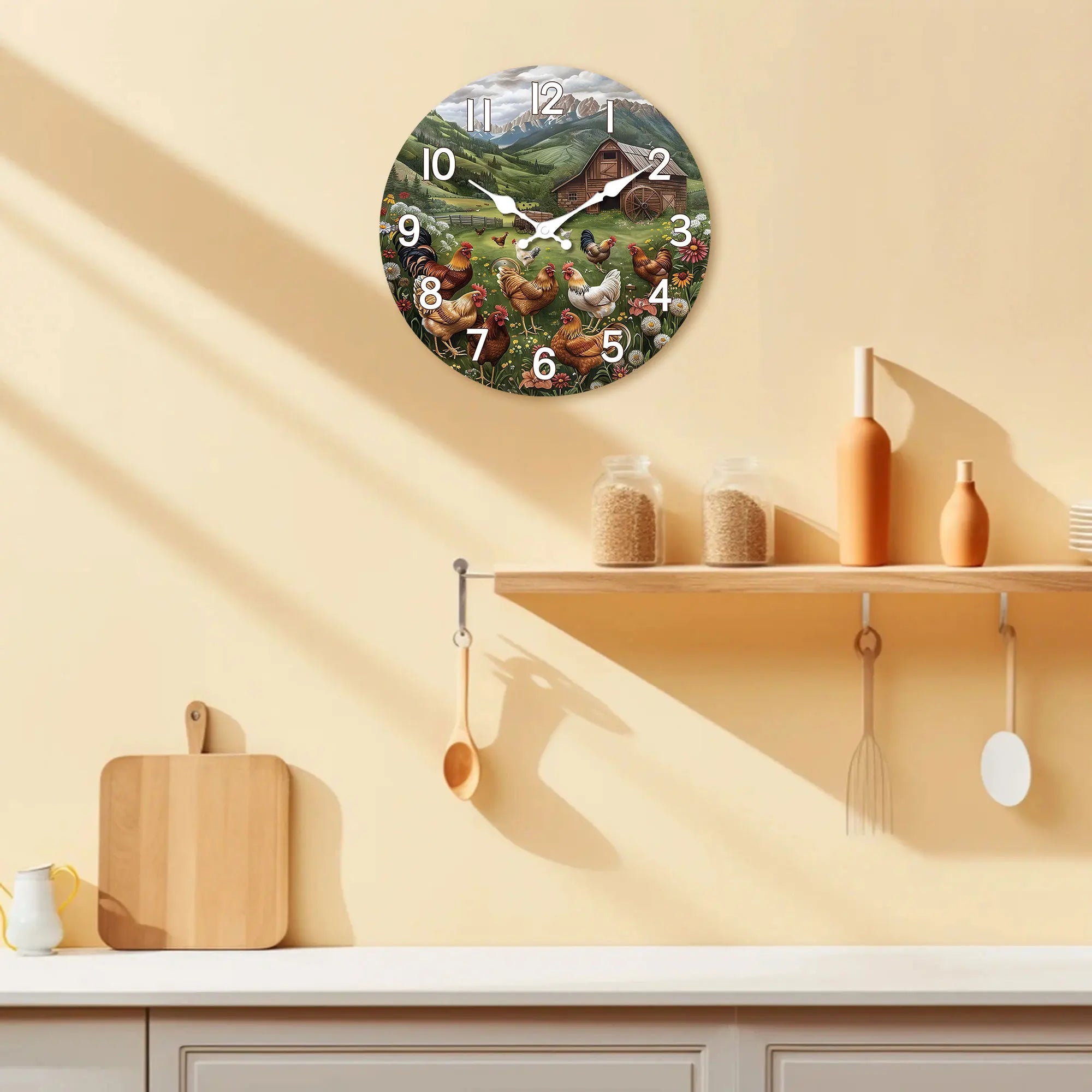 Rustikale Holz-Wanduhr – Bergdesign – 12 Zoll