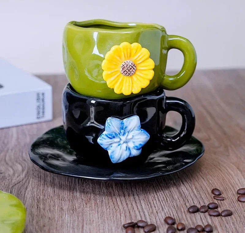 Keramik-Set Tasse Vintage – Reliefblumen