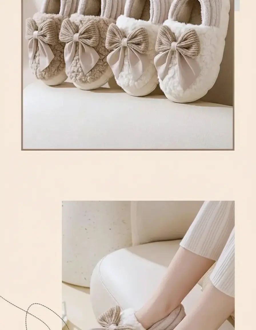 Dicke Sohle Schleifen-Pantoffeln – Plüschkomfort, Indoor