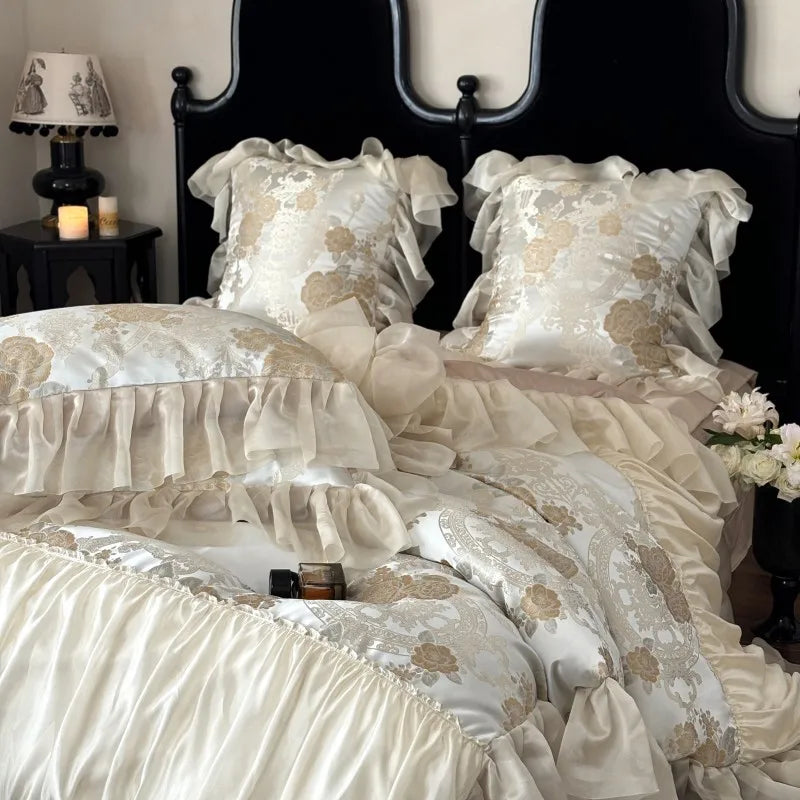 Luxuriöses Jacquard Satin Duvet – Beige Baumwoll-Hochzeitsset