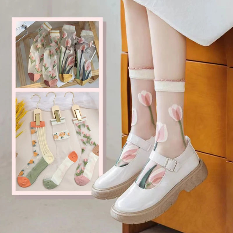 Transparente Socken Set – Vintage Floral Baumwolle – Niedriges Rohr