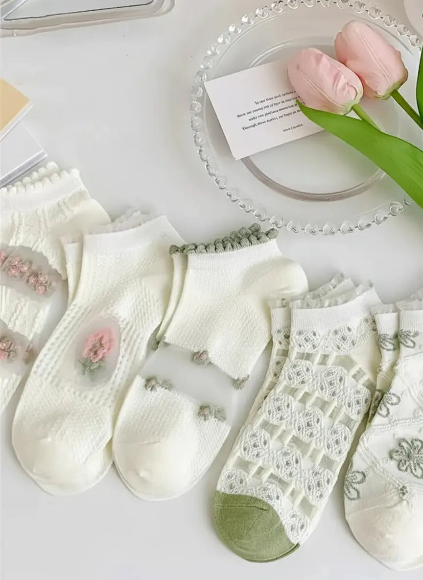 Transparente Socken Set – Vintage Floral Baumwolle – Niedriges Rohr
