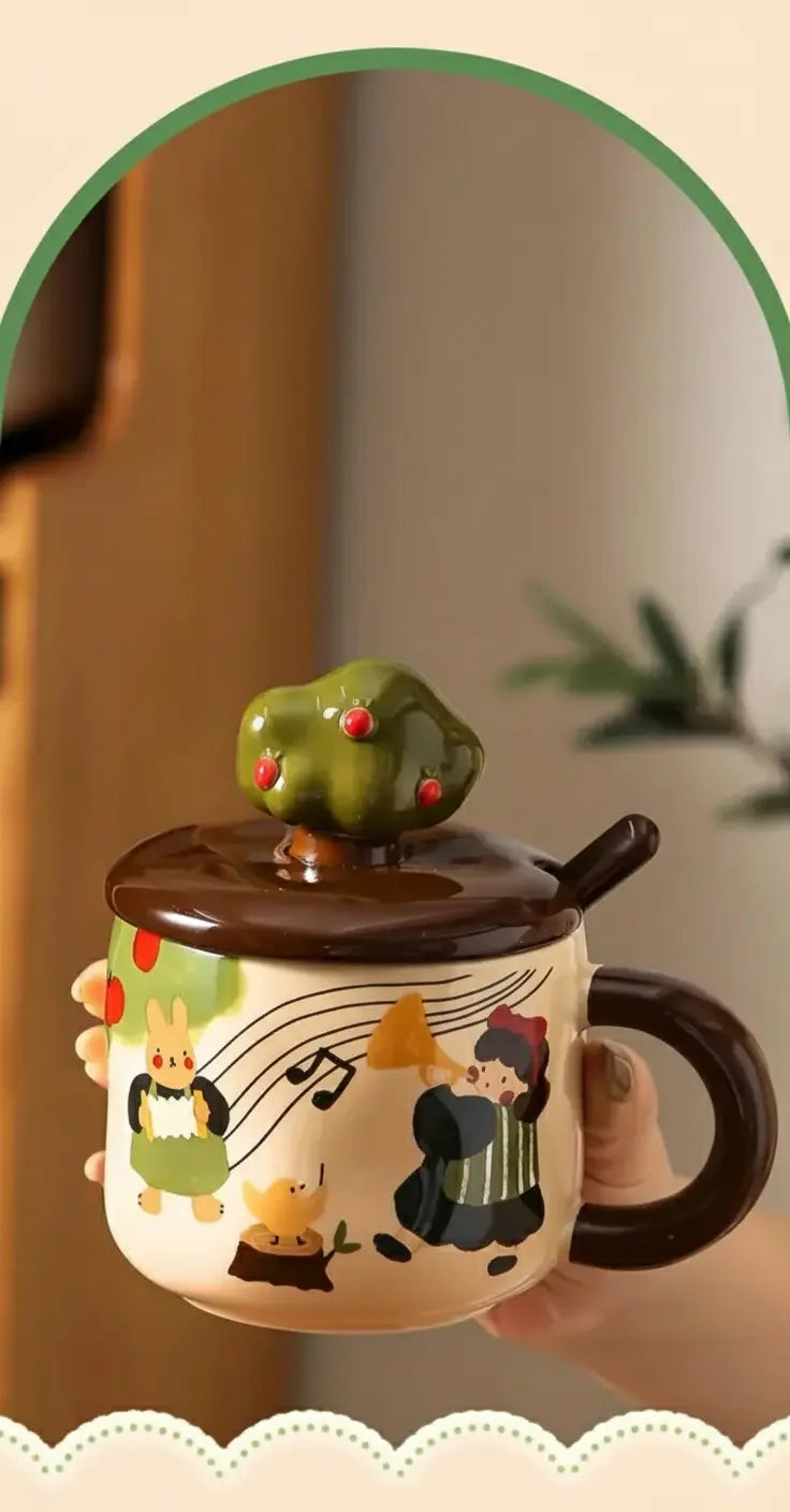 Retro Apfelbaum Tasse – Keramik mit Deckel – Zuhause