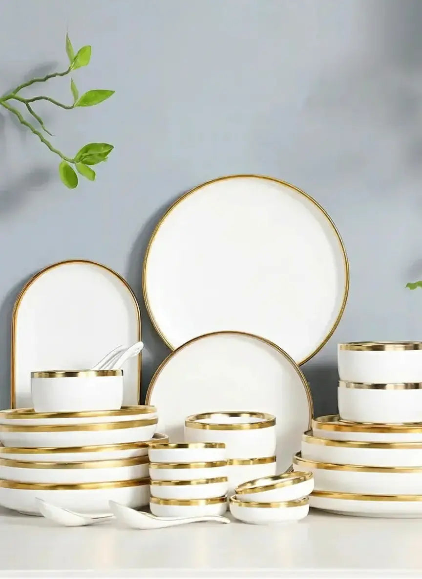 Porzellangeschirr – Weiss mit Goldrand – Vielseitige Sets