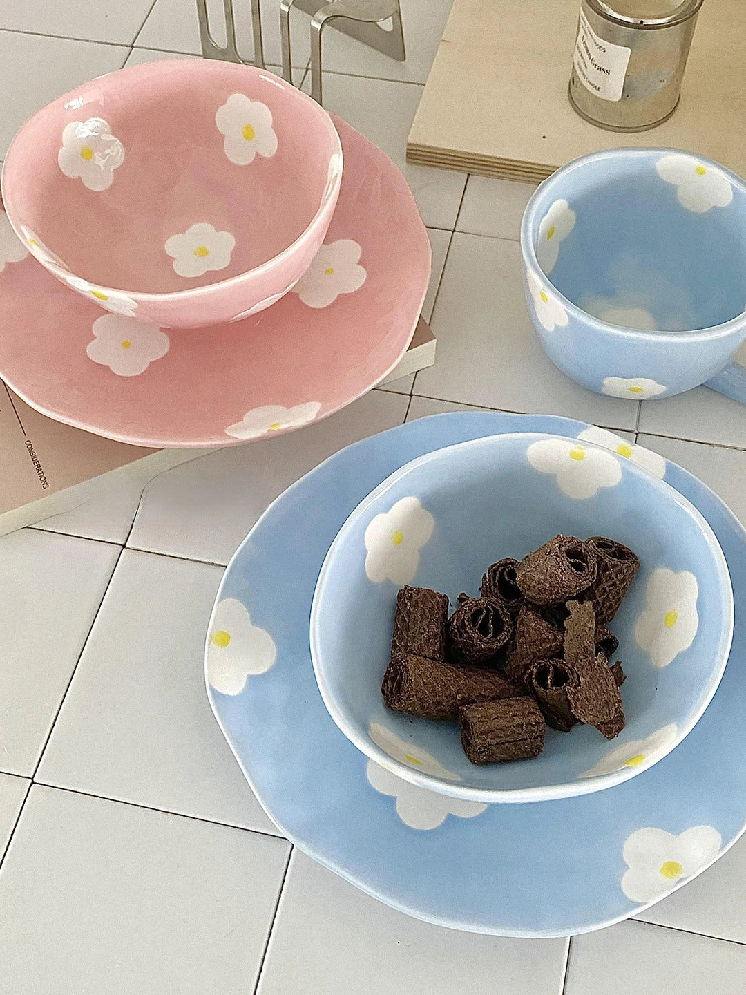 Keramikgeschirrset – Blumendesign – Pink & Blau Varianten