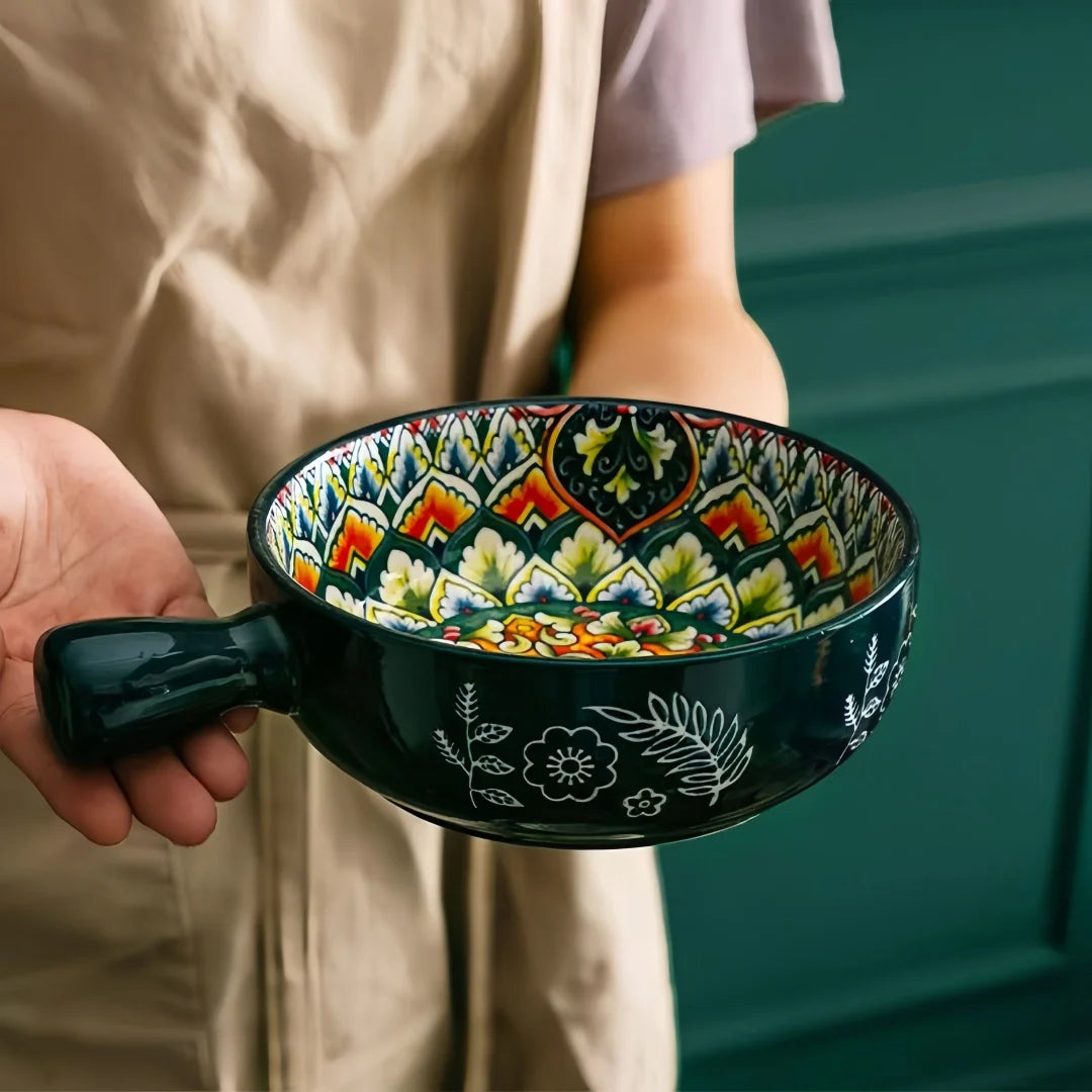 Salatschüssel - Handbemaltes Keramik mit Griff - Ofen- & Mikrowellensicher