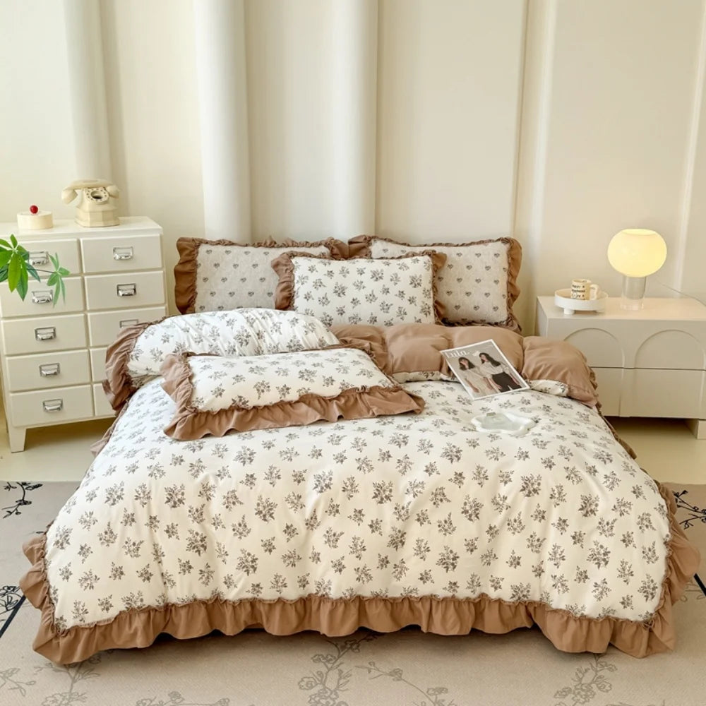 Koreanisches Bettwäsche-Set – Blumen Spitzenrüschen – Mikrofaser 200x230cm