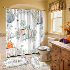 badezimmer-set aus flanell im boho-stil mit kürbis-design und teefarben in badezimmer