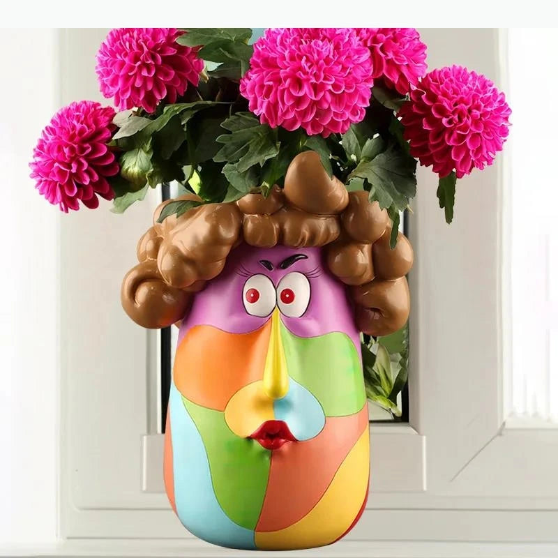 Cartoon Harz Blumentopf – Lockiges Mädchen, 16x22cm