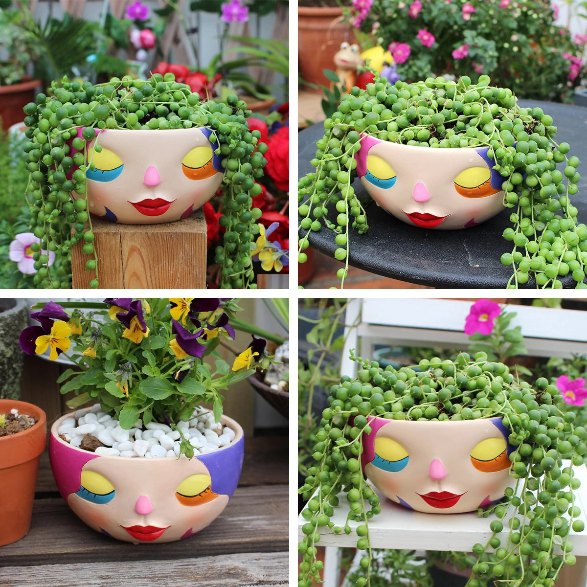 Bunter Harz Blumentopf – Modernes Gesicht Design Desktop