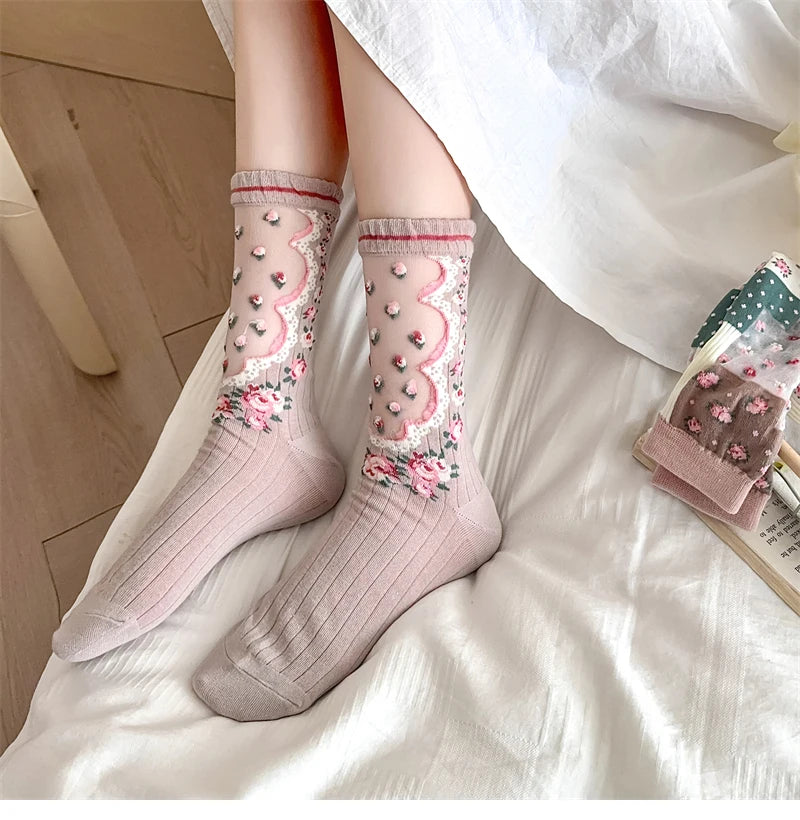Damen Socken Blumenmuster – Retro-Stil, Transparent