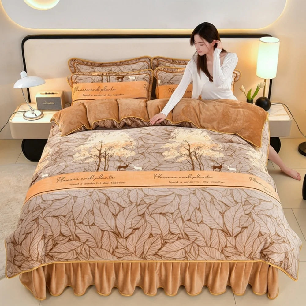 Luxuriöses Fleece Bettwäsche-Set im Champagner Pink mit Blumenmuster, Queen-Grösse