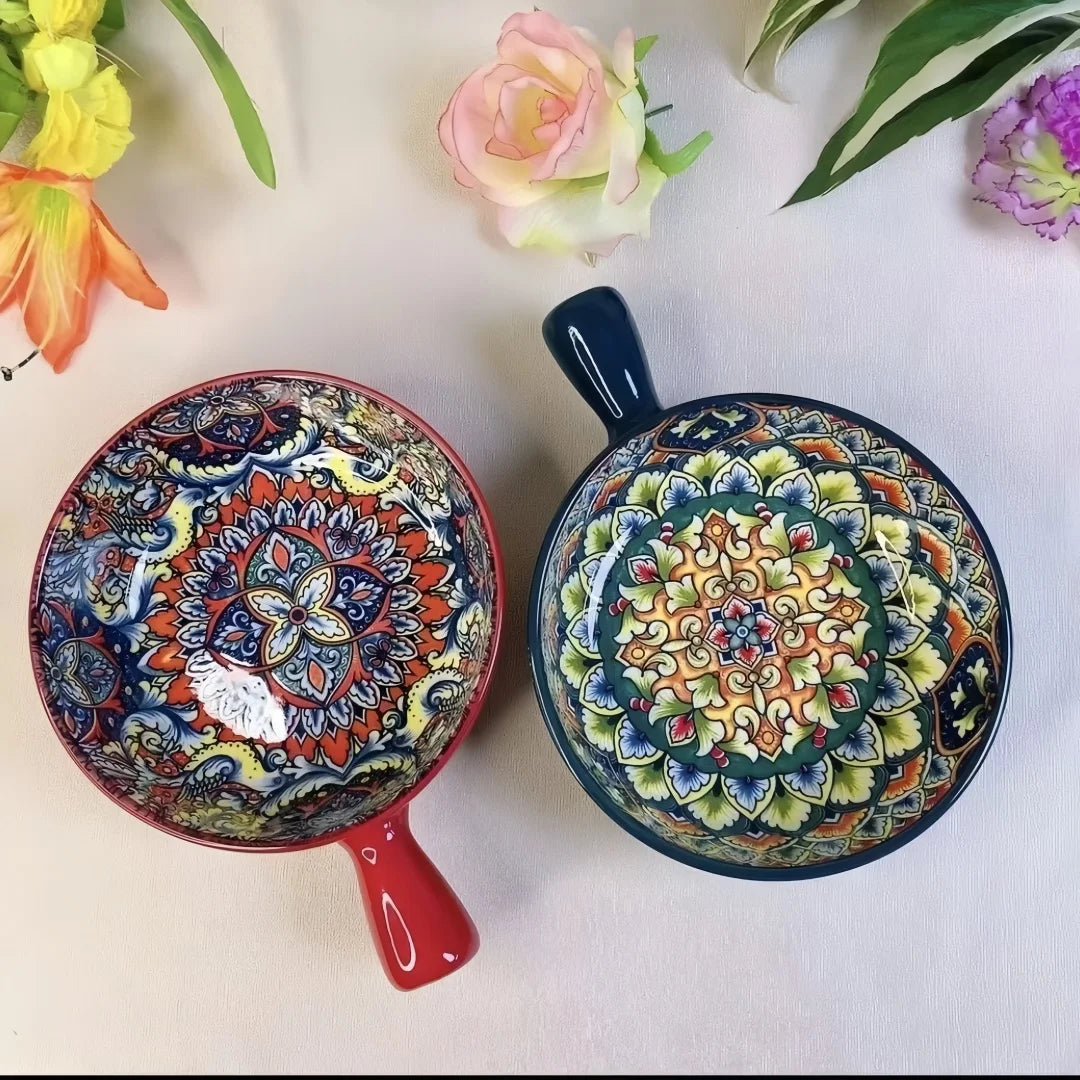 Salatschüssel - Handbemaltes Keramik mit Griff - Ofen- & Mikrowellensicher