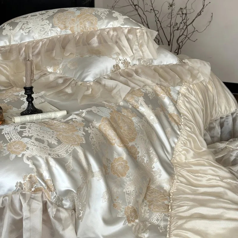 Luxuriöses Jacquard Satin Duvet – Beige Baumwoll-Hochzeitsset