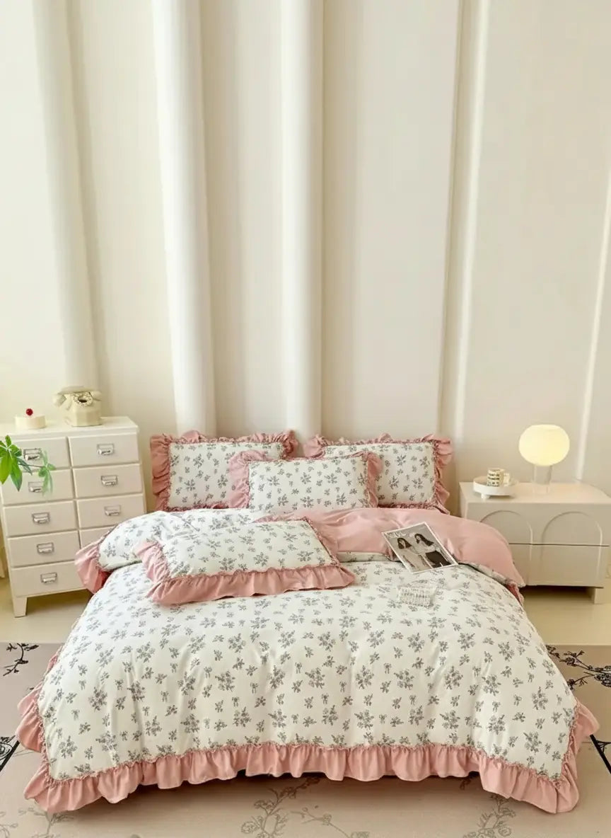 Koreanisches Bettwäsche-Set – Blumen Spitzenrüschen – Mikrofaser 200x230cm