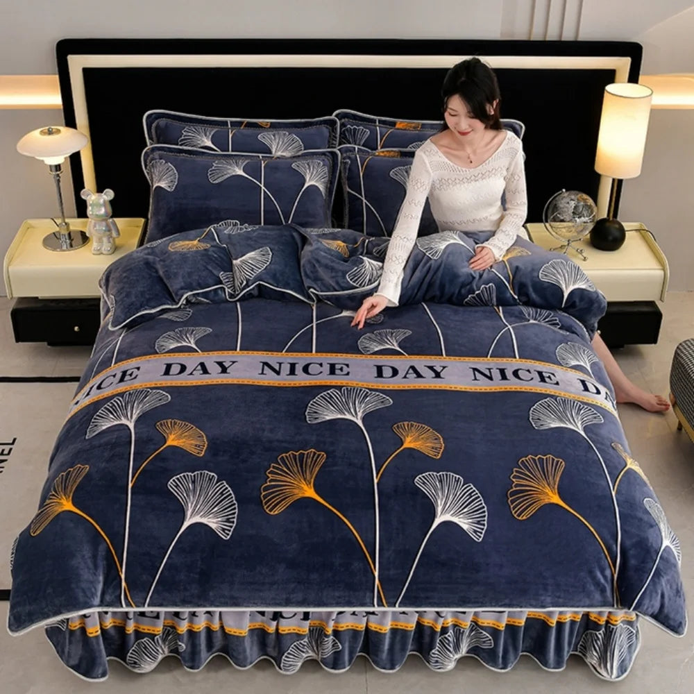 Luxus Fleece Bettwäsche Set, Farbe: Champagner Pink, Grösse: King 4 Teile 220x240cm, nordisch inspiriertes Blumen-Design