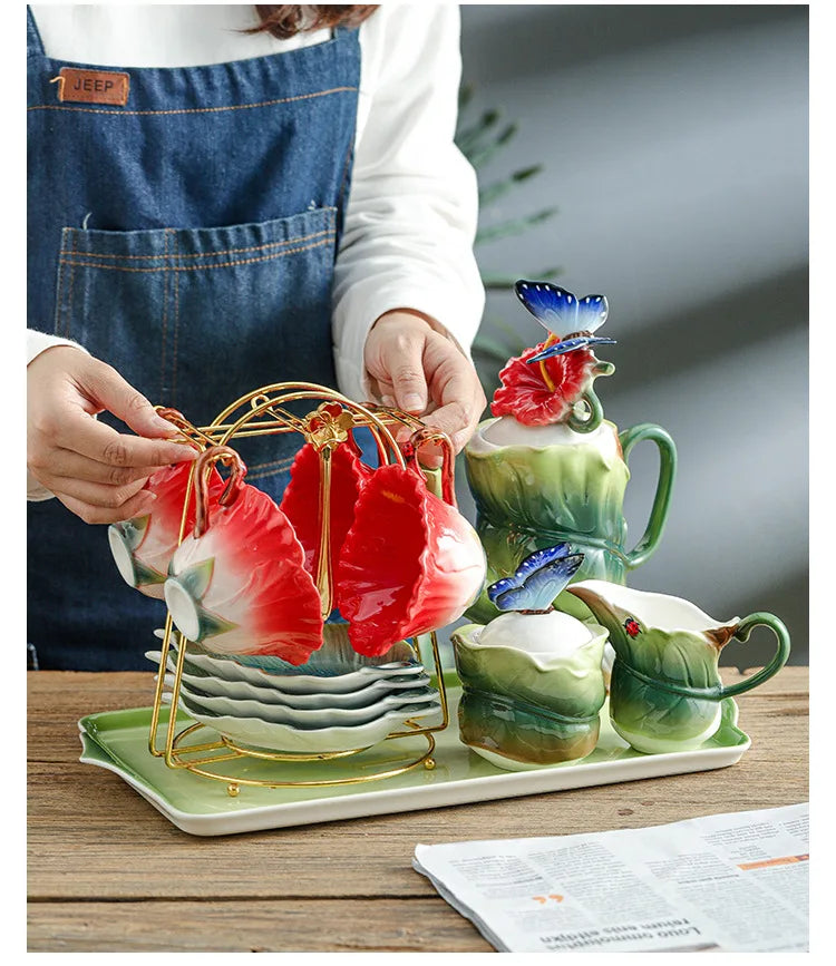 Blumen-Teeset – Porzellan Hibiskus – 9tlg, 6tlg Optionen