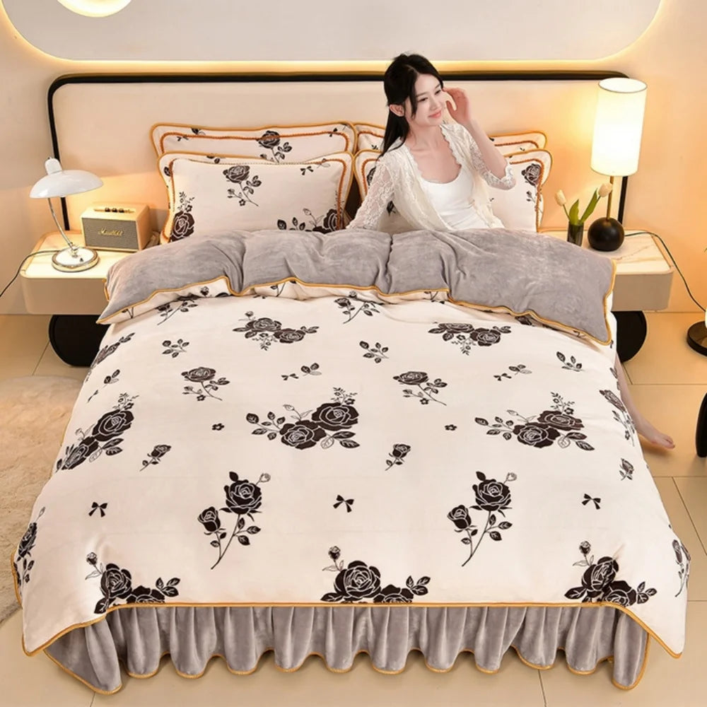 Luxus Fleece Bettwäscheset in Champagner Grau mit Blumenmuster, Grösse: King 220x240cm