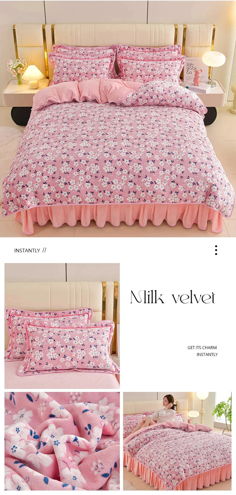 Milchvelours Bettset aus Polyester in Farbe: Bainianhaohe, Grösse: 200x230 cm, floral
