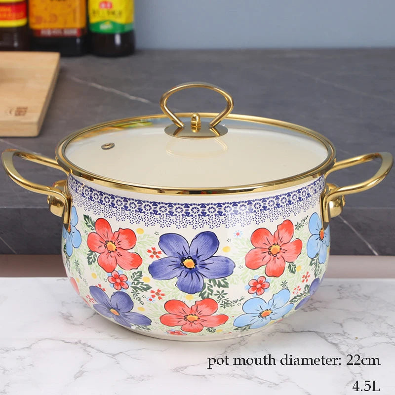 Emaille Suppentopf – Retro Blumen Design – Grosse Kapazität