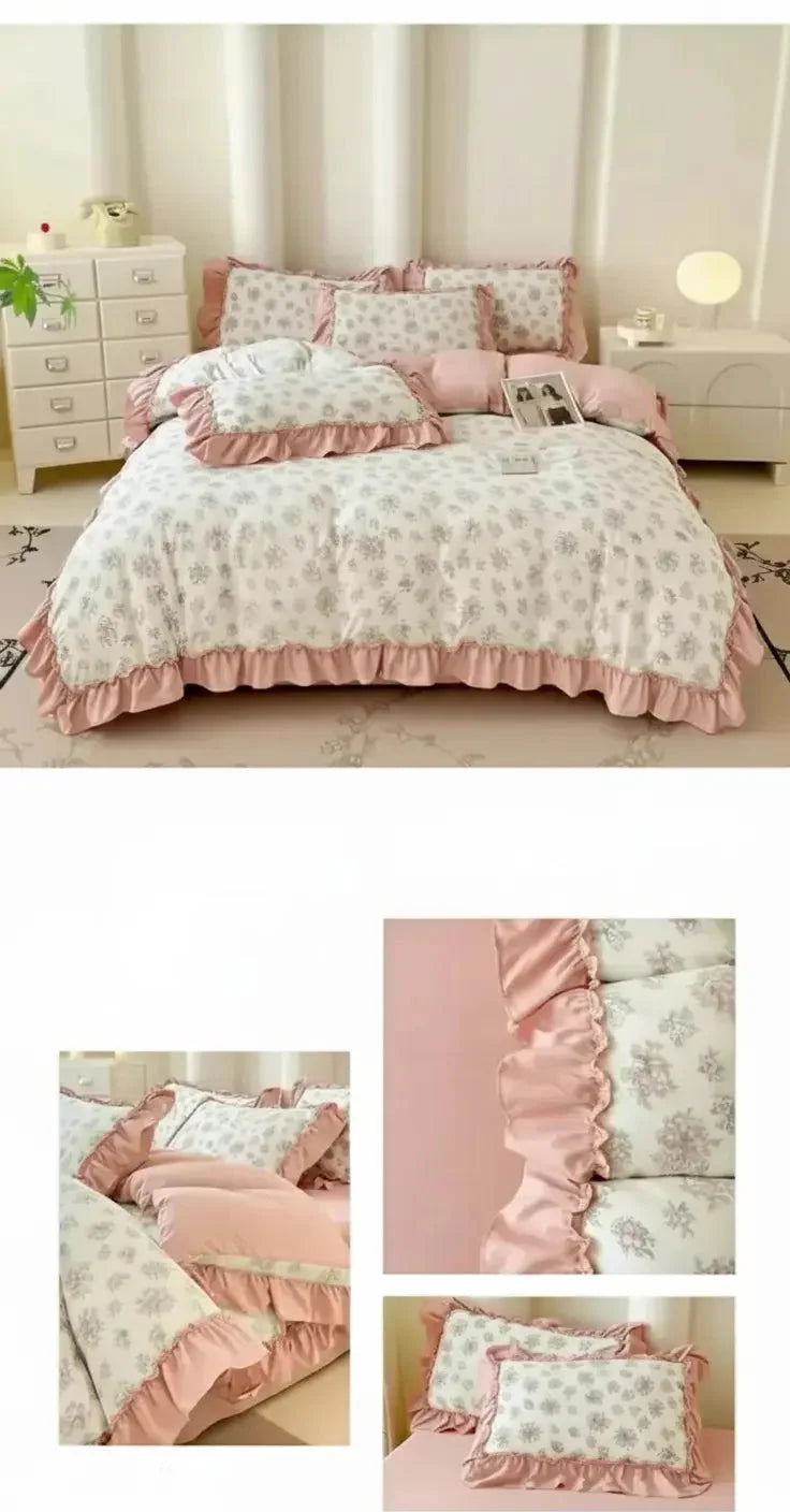 Koreanisches Bettwäsche-Set – Blumen Spitzenrüschen – Mikrofaser 200x230cm