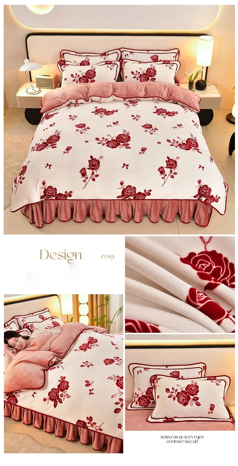 Luxus Fleece Bettwäsche-Set in Champagner Grau, Queen mit Blumen-Design