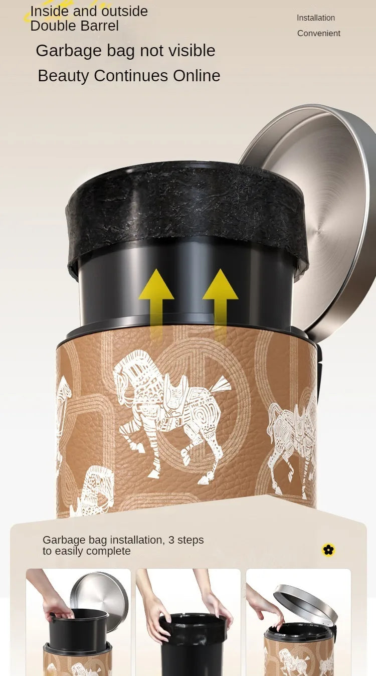 14L Edelstahl und Leder Abfalleimer, grau, modern, 28X37CM, Mülltonne