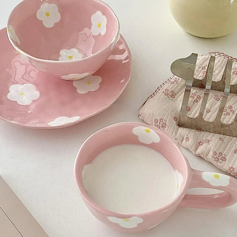 Keramikgeschirrset – Blumendesign – Pink & Blau Varianten