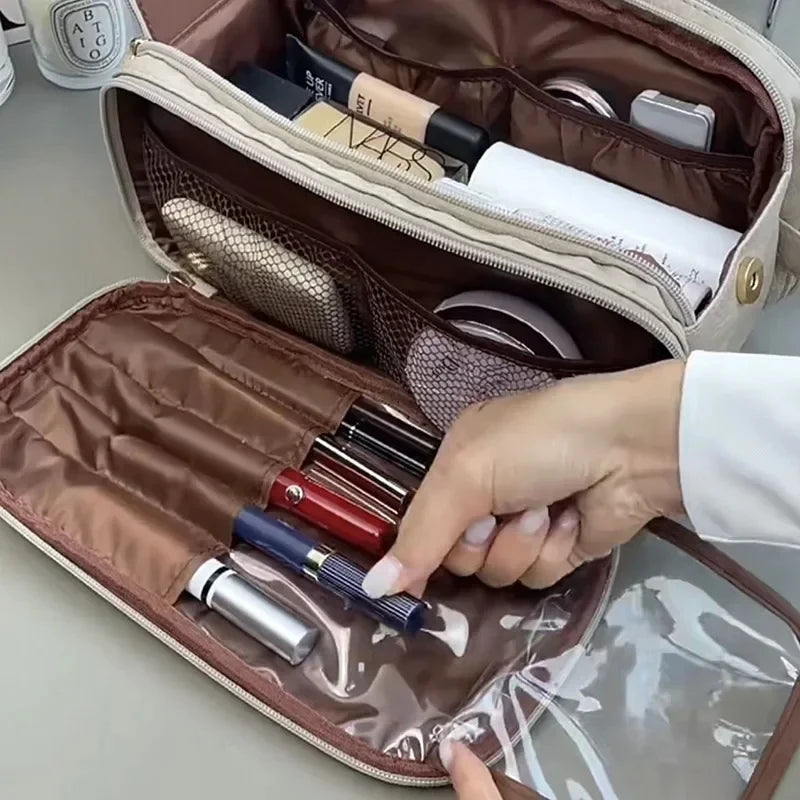 Kosmetiktasche – PU Leder, Doppel-Reissverschluss, Tragbar
