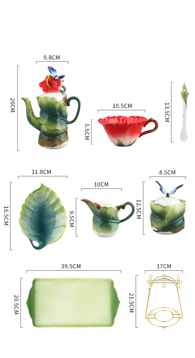 Blumen-Teeset – Porzellan Hibiskus – 9tlg, 6tlg Optionen