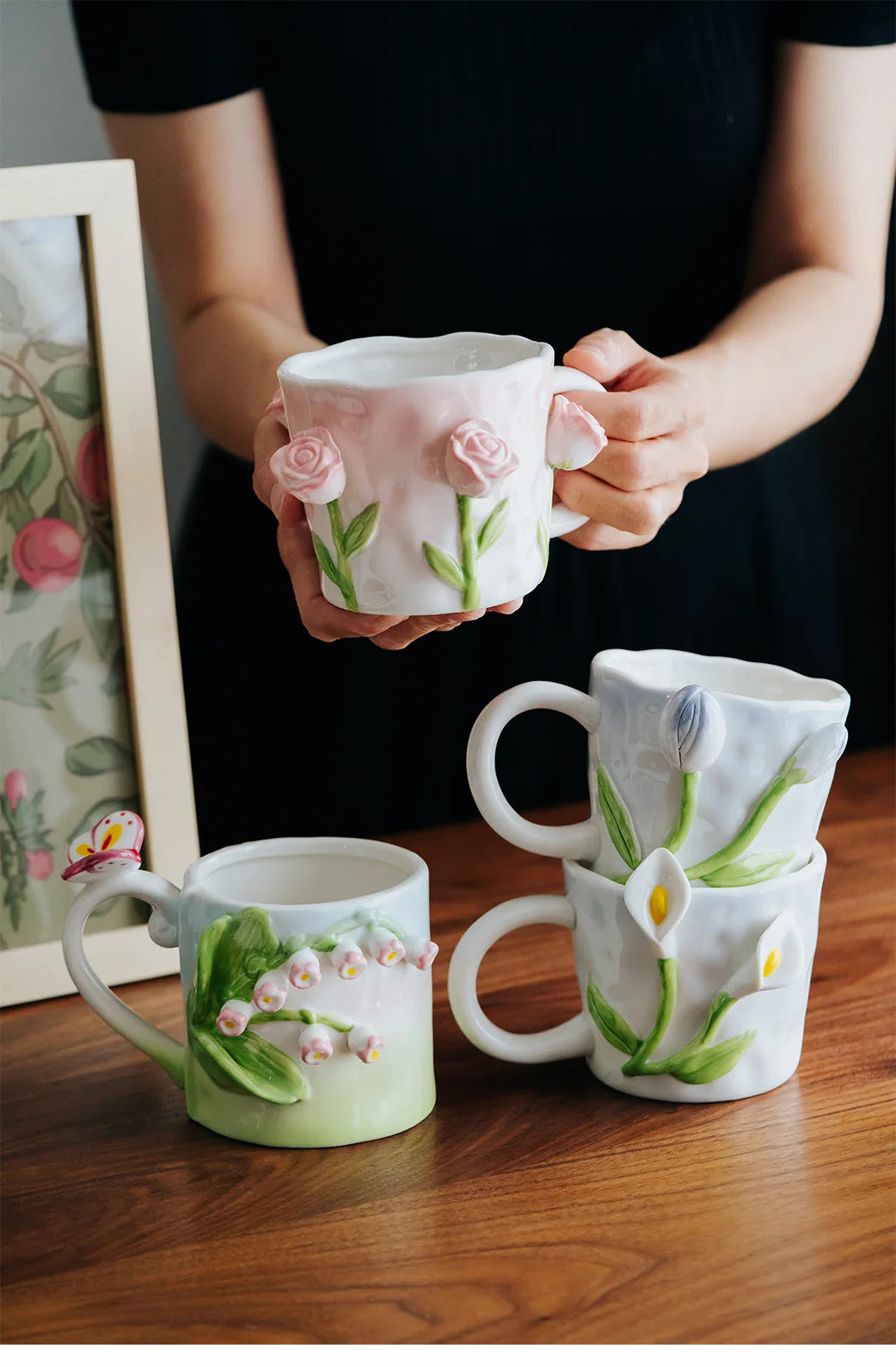 Handgefertigte Porzellantasse – 3D-Blumendesign 350ml