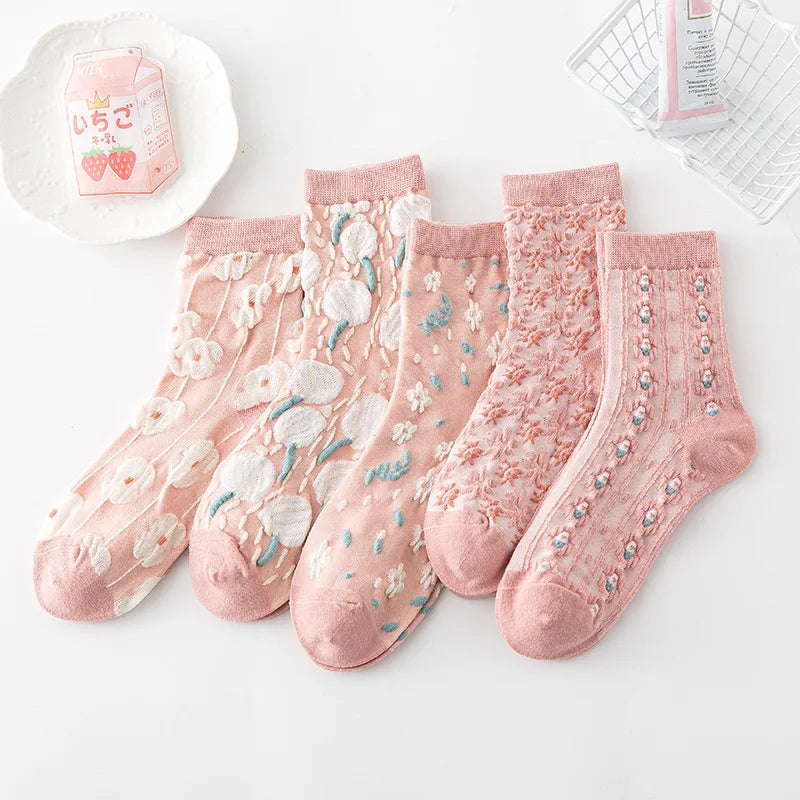 Damen Baumwollsocken – 3D Blumenstil – 5er Set