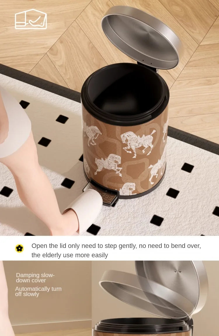 Moderner 14L-Abfalleimer aus Edelstahl und Leder mit Pedal und Deckel, Grau, 28x37CM