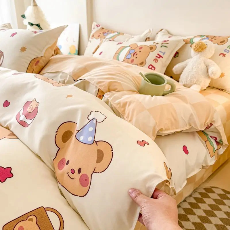 Ins Bären Bettbezug-Set – Koreanisch Florales Design – Queen Grösse