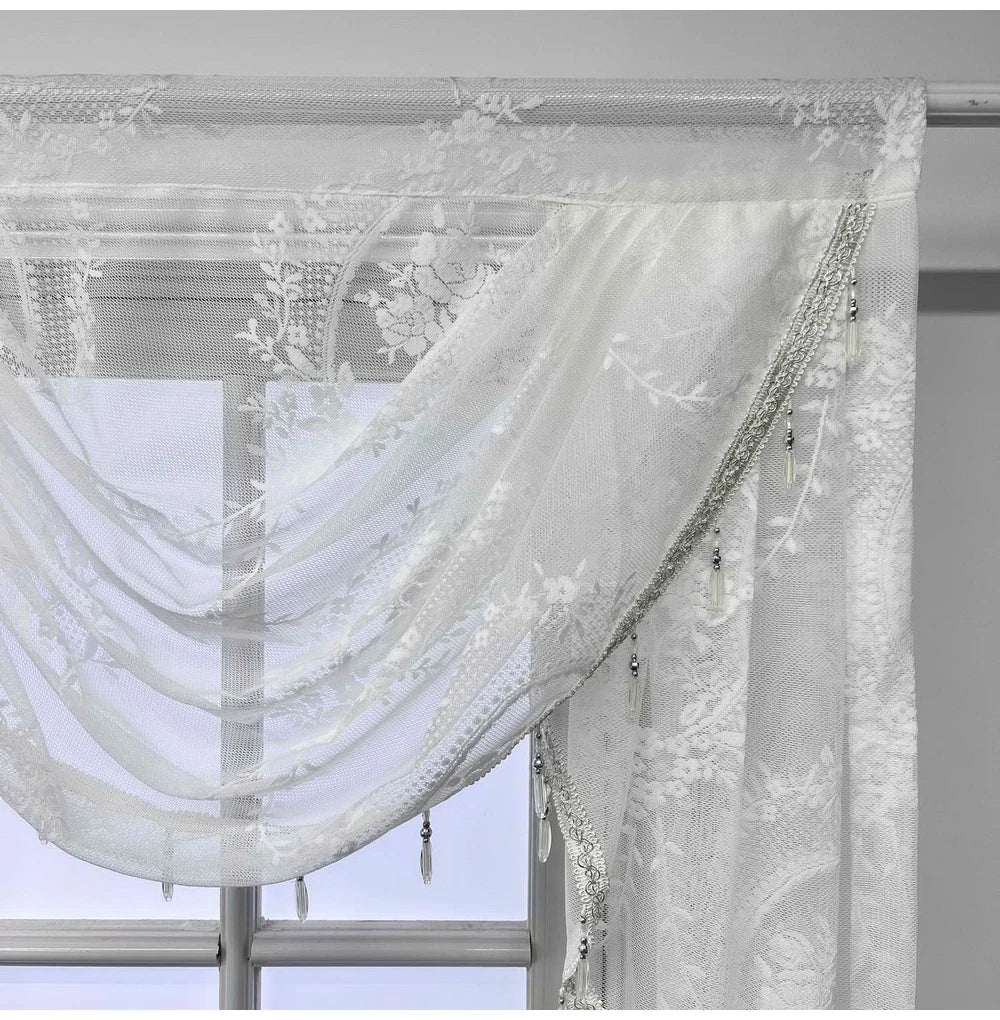 Weisse Spitzen-Scheibengardine – Luxuriöses Perlen-Design