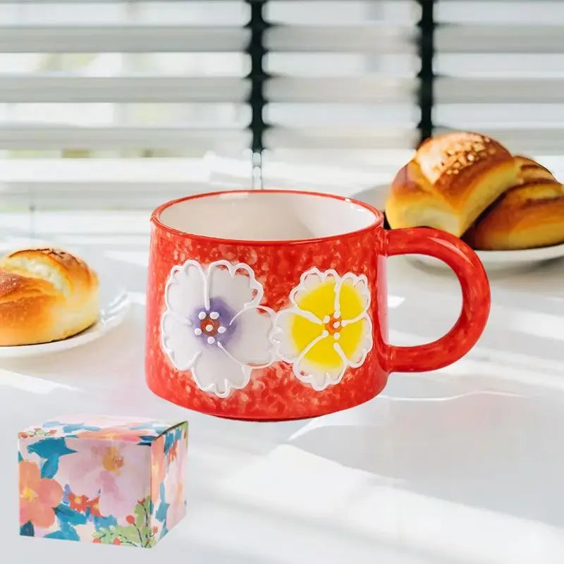 Keramik-Kaffeetasse – Gemaltes Blumendesign – 300ml