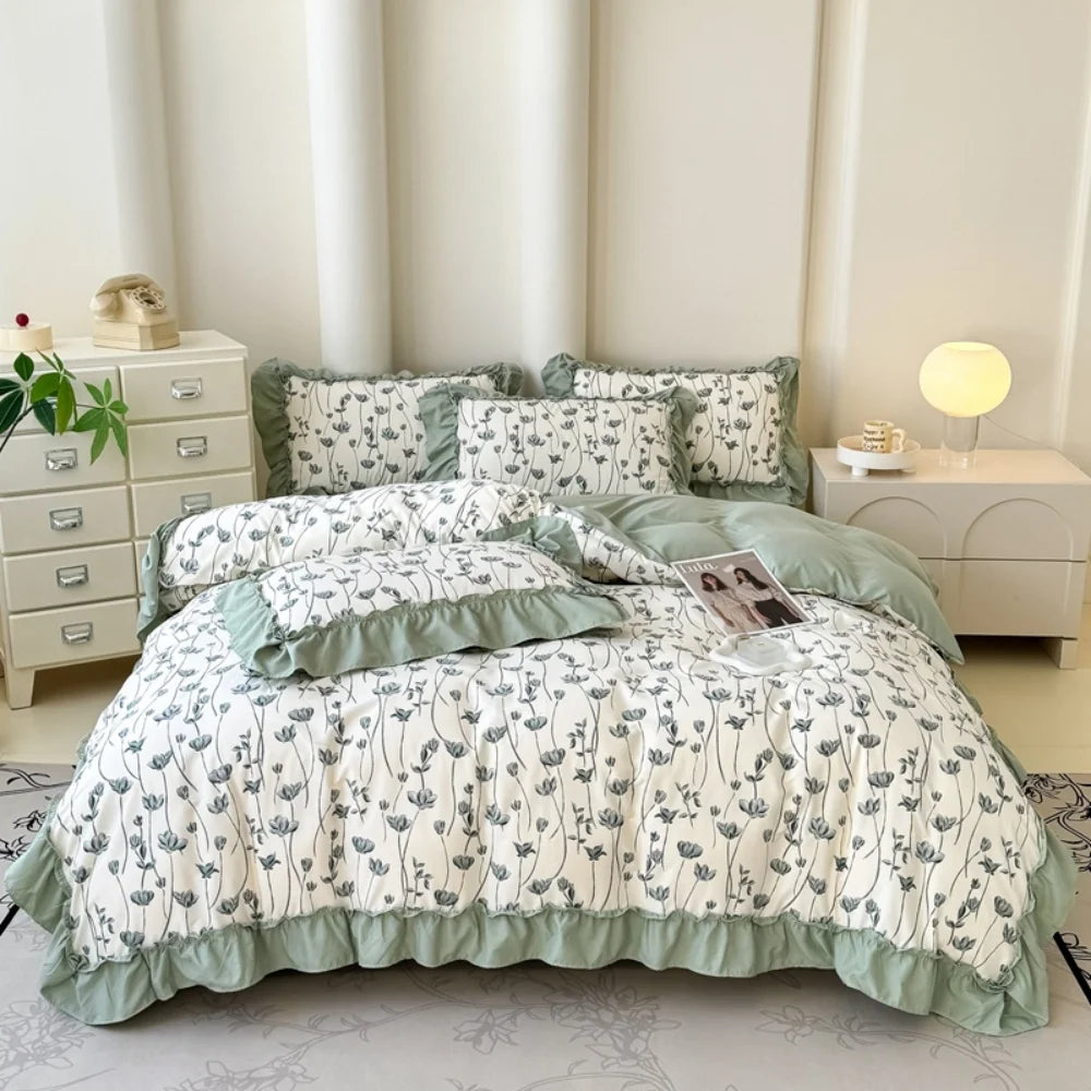 Koreanisches Bettwäsche-Set – Blumen Spitzenrüschen – Mikrofaser 200x230cm